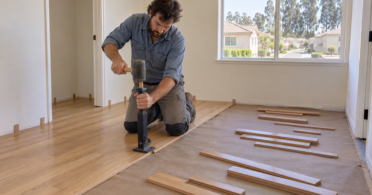 Worker driving a flooring nailer against the tongue of a new solid oak board in an upstairs bedroom of a Chino house.