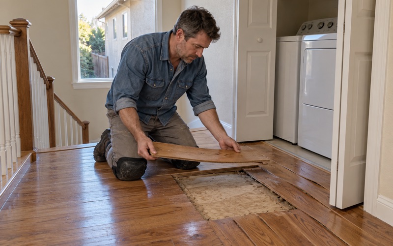 Worker lifting a cupped oak board out of a floor damaged by an upstairs laundry leak in a Chino house.