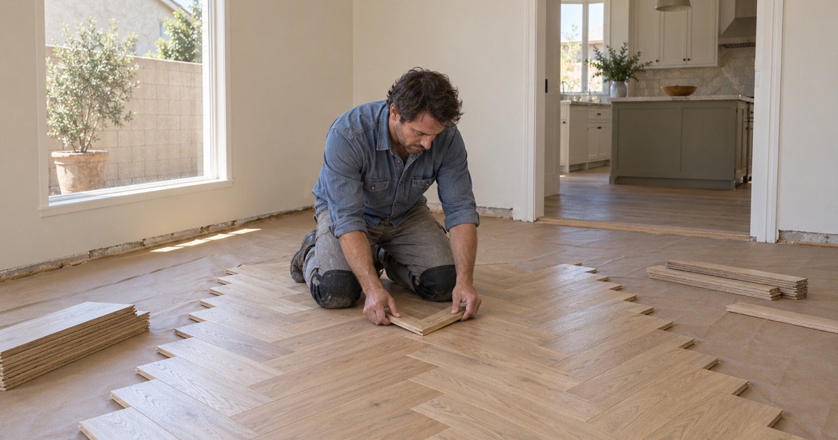 Worker setting a white oak slat at the point of a new herringbone floor in the dining room of a Chino house.