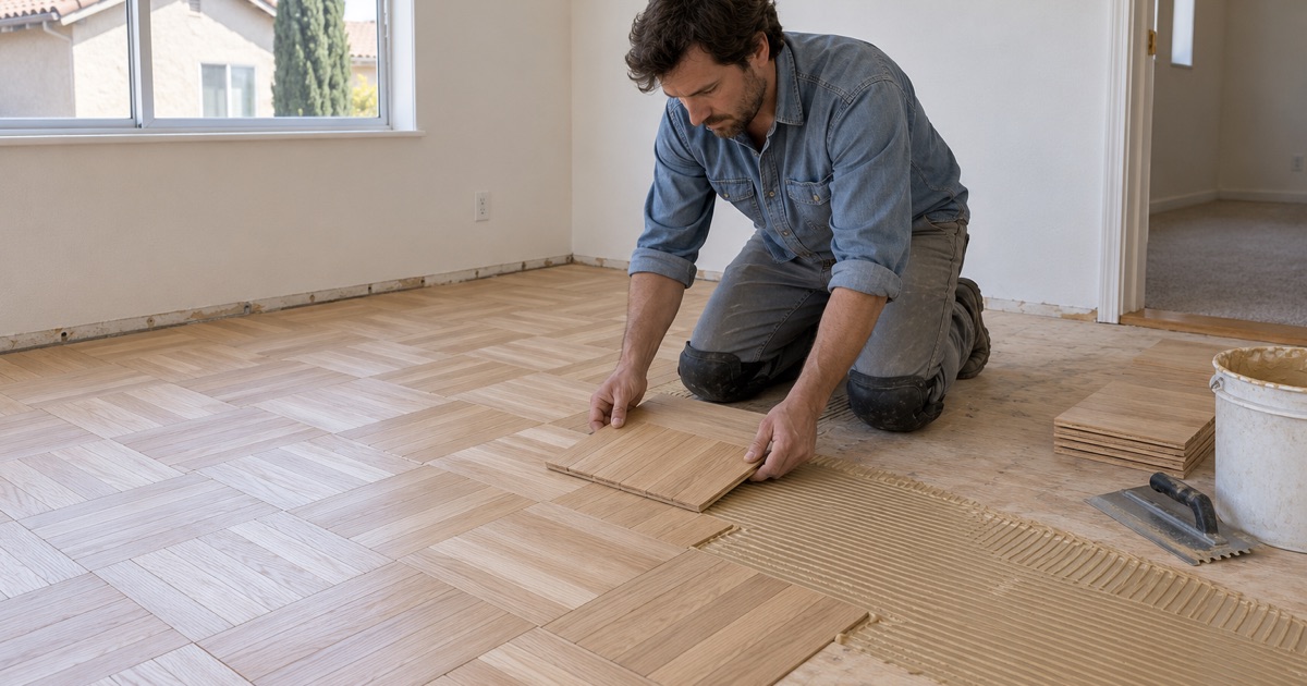 Worker setting a new white oak finger-block parquet square into adhesive in an upstairs room of a Chino house.