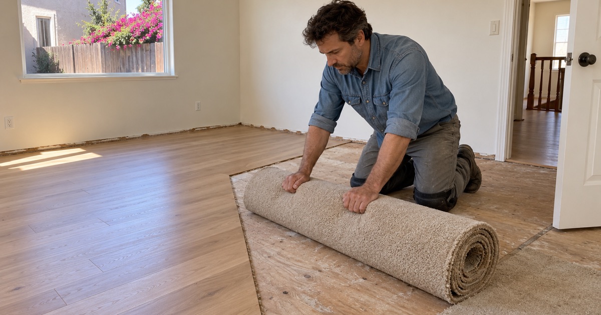 Worker rolling up old carpet beside a new oak floor half laid in a bedroom of a Chino house.