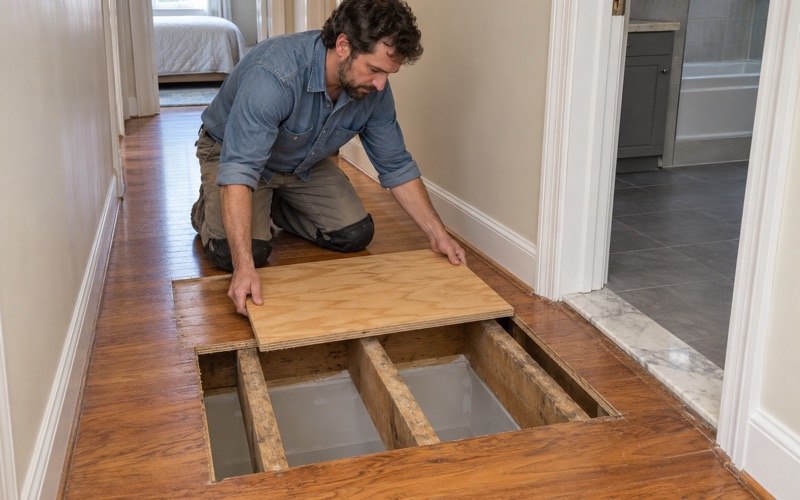 Worker lowering a new plywood subfloor panel into an opening over the joists of an upstairs bathroom doorway in a Chino house.