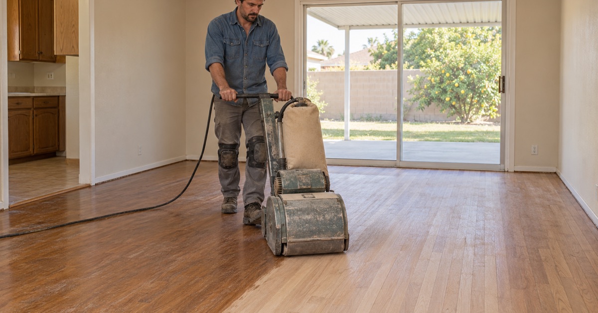 Worker walking a drum sander along red oak strip flooring in a 1970s single-story ranch house in Chino, a band of bare oak behind the machine.