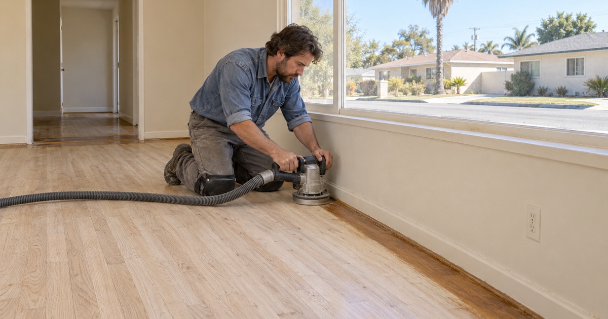Worker running an edger along the wall of a sanded oak floor in a 1950s postwar house in Anaheim.