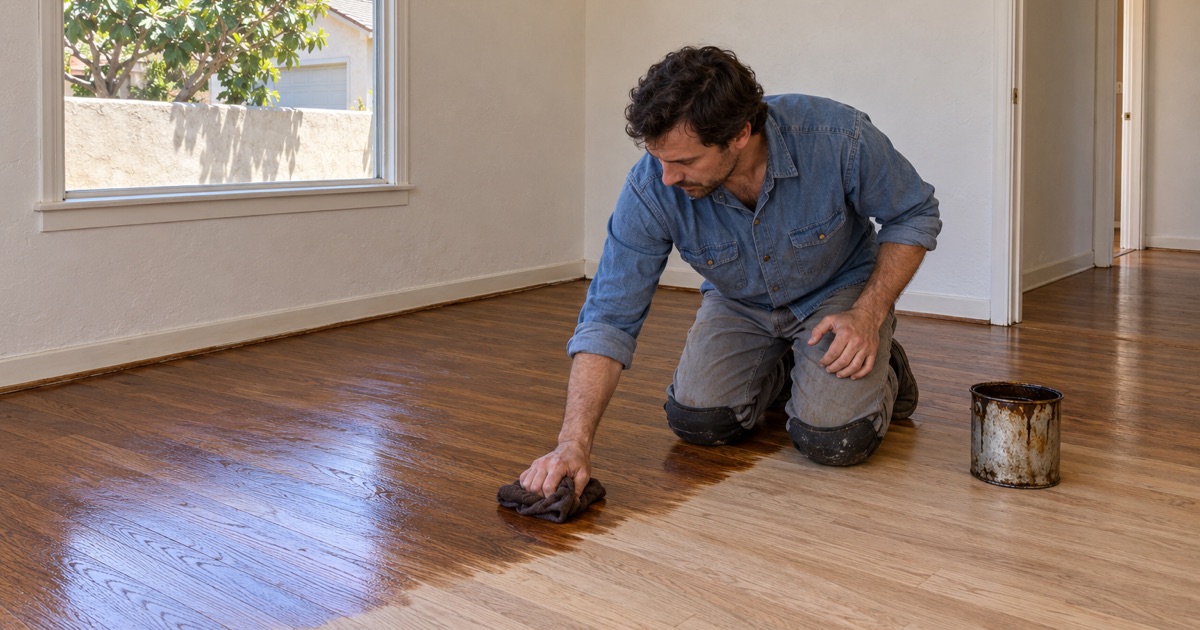Stain going onto a sanded red oak floor in a small older house in Artesia.
