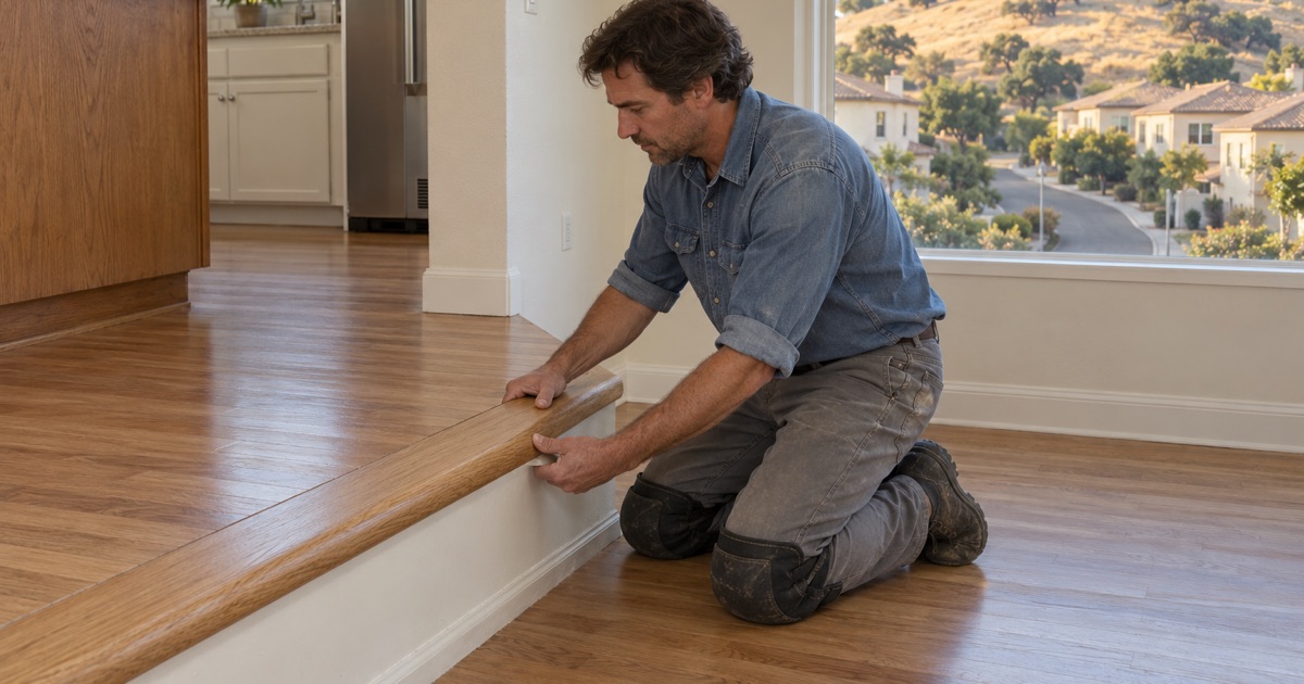 Worker fitting a new oak nosing to the step of a sunken family room in a 1990s house in Chino Hills.