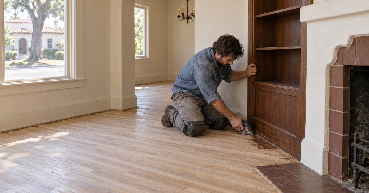 Worker sanding into the corner beside a built-in bookcase in a prewar Claremont house.