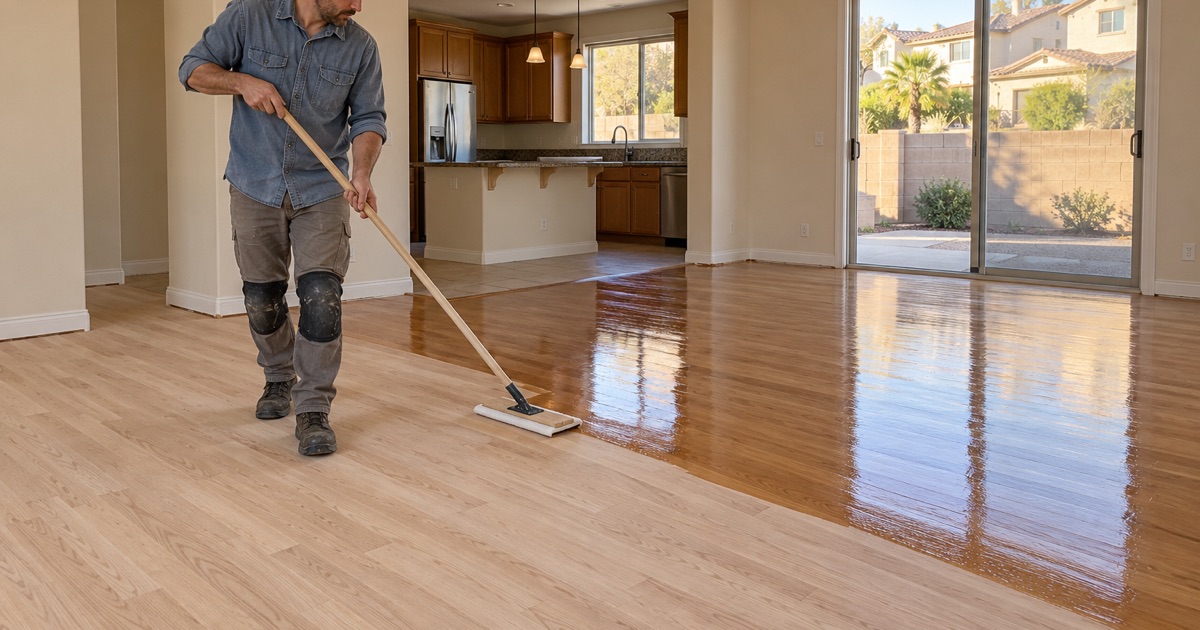 Worker drawing a finish applicator backwards across a sanded oak floor in a 1990s two-story house in Corona.