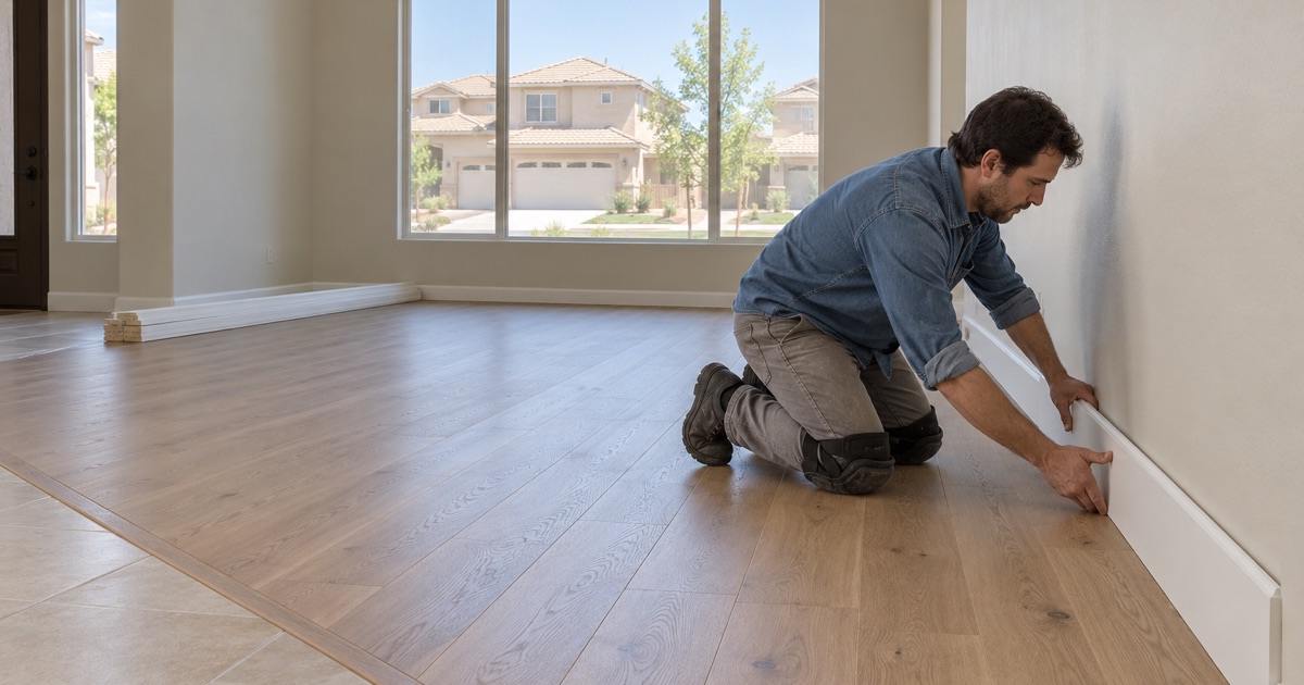 Worker pressing a new baseboard onto the wall above a fresh oak plank floor in a 2000s two-story house in Eastvale.