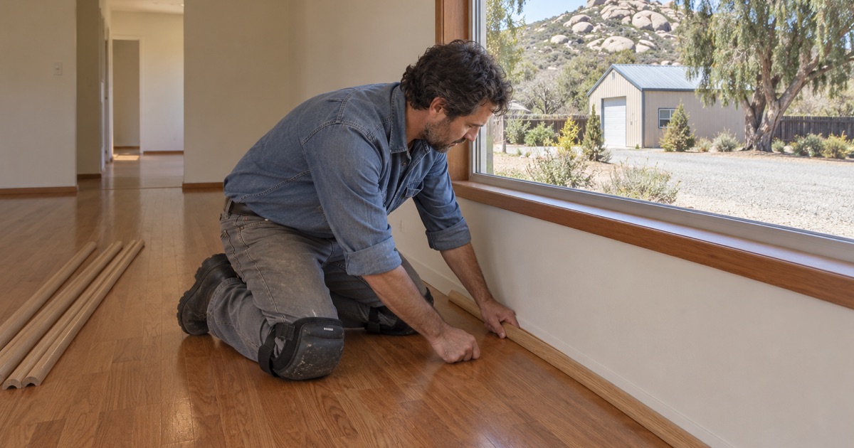 Worker pressing oak quarter round into place along a refinished floor in an older ranch house in Jurupa Valley.