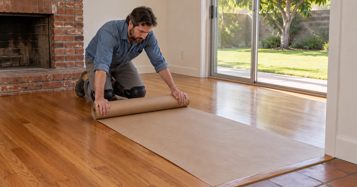 Worker covering a newly refinished oak floor in a long-owned 1960s La Palma house.