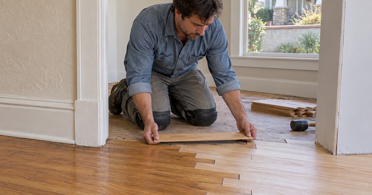 Worker weaving new oak strips into the original floor where an addition joins a prewar La Verne house.