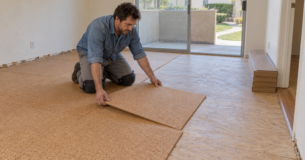 Worker laying cork underlayment in an upstairs Laguna Woods unit before a new engineered oak floor.