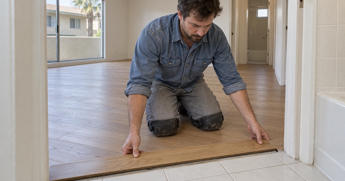 New oak threshold set at a bathroom doorway during move-out floor work in a Los Alamitos rental.