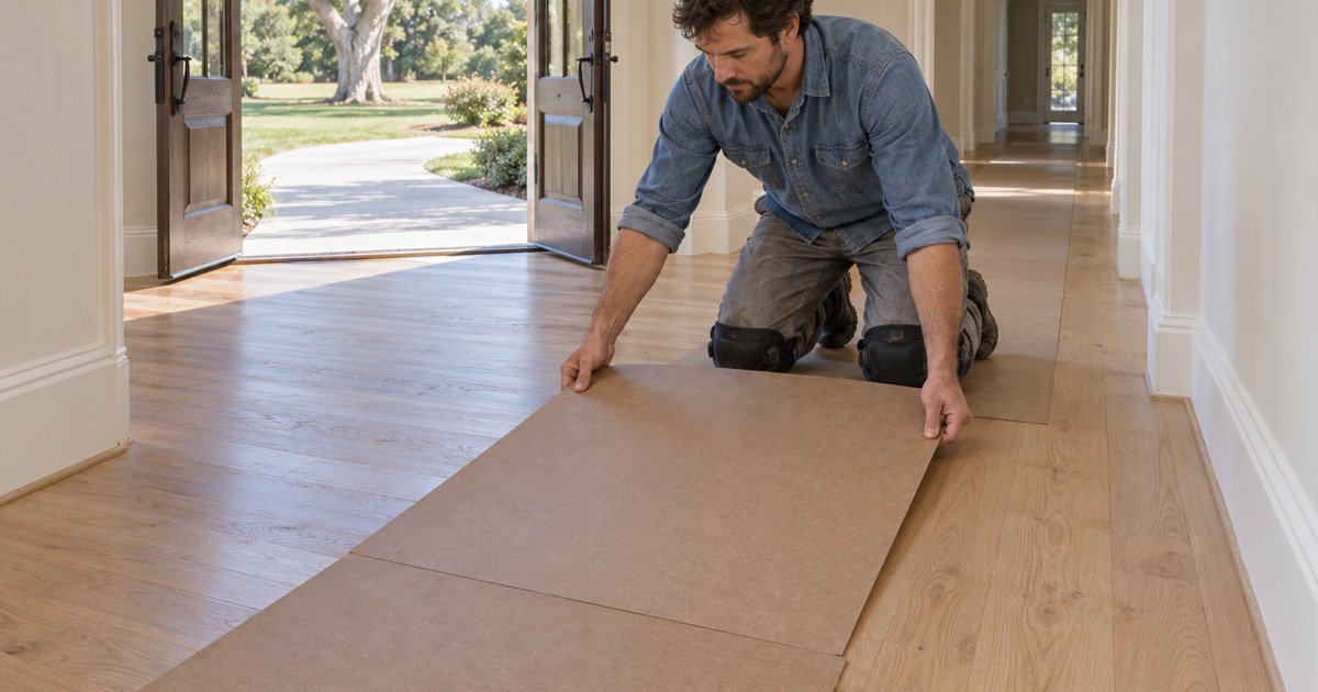 Worker covering a newly refinished oak floor with hardboard in a large-lot Norco house.