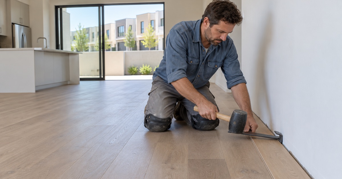Worker closing the last row of a new engineered oak floor with a pull bar in a new townhouse in Ontario Ranch.
