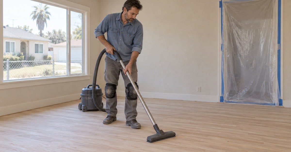 Worker vacuuming sanding dust from an oak floor behind plastic sheeting sealed over a doorway in an older Pomona house.