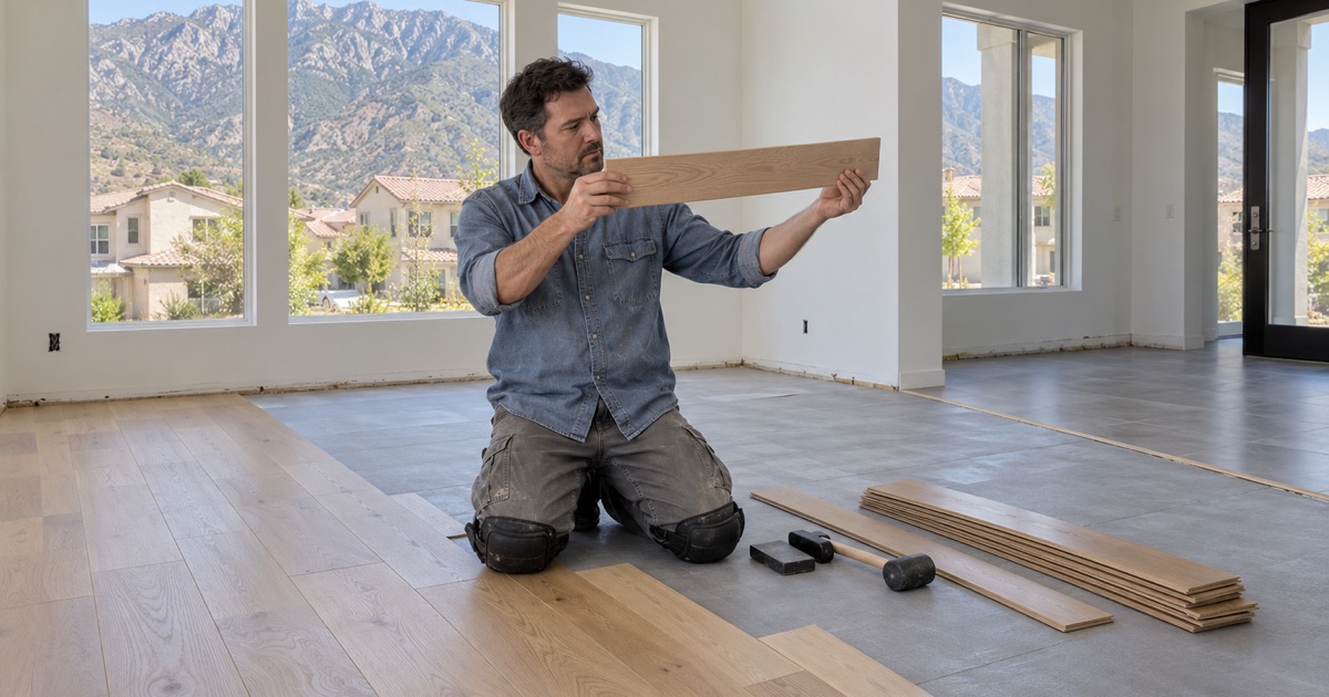Worker sighting along a new engineered oak plank before laying it in a new foothill house in Rancho Cucamonga.