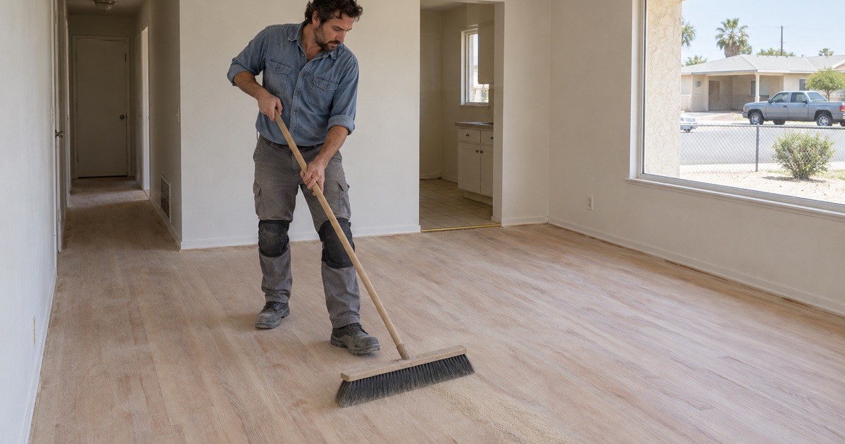 Worker sweeping a sanded oak floor in a rented 1950s house in South El Monte.