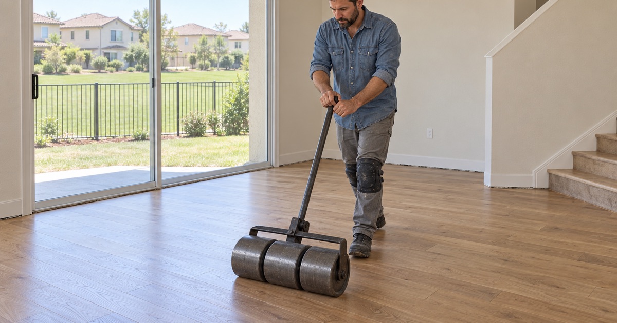 Worker pushing a weighted floor roller over new glued engineered planks in a 2000s house in Upland’s Colony neighborhood.